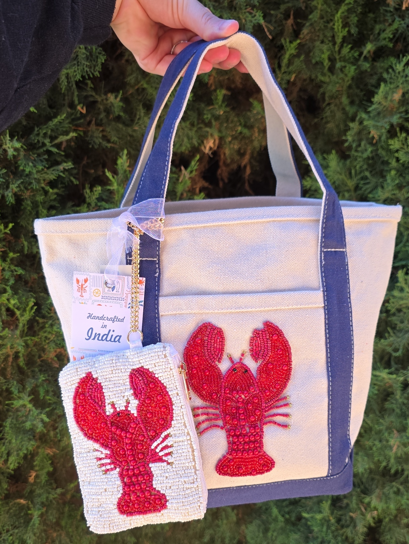Beaded Red Lobster Canvas Tote Bag With Matching Coin Pouch